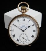 GEORGE V 9CT GOLD OPEN FACE POCKET WATCH, top wind, the white enamel dial having Roman numerals,