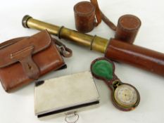 VINTAGE OUTDOORSMAN'S ACCESSORIES, including portable aneroid barometer, 4.8cms diam (cased), chrome