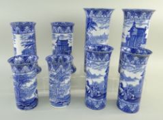 FOUR PAIRS OF CAULDON 'BLUE CHARIOTS' BLUE & WHITE' PRINTED SPILL VASES with flared rims, one pair