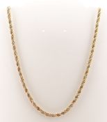 18CT GOLD TRI-COLOUR NECKLACE of rope twist design, 45cms long, 9.4gms