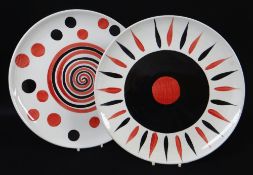 TERRY FROST FOR TATE: Two E.C.P design pottery painted plates 'Target' and 'Spiral', red and black