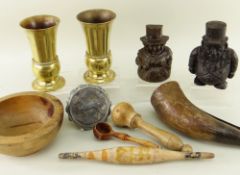 ASSORTED METALWARE & TREEN, including pair of polished bronze altar vases 16cms hight; Kruger