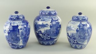SET OF THREE CAULDON 'BLUE CHARIOTS' BLUE & WHITE' PRINTED POT POURRI VASES & COVERS, 22.5cms and