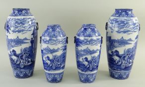 TWO PAIRS OF CAULDON 'BLUE CHARIOTS' BLUE & WHITE' PRINTED VASES, of oviform with fixed ring