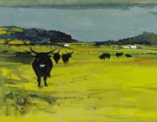 JOHN ELWYN watercolour and gouache on paper - Welsh Black cattle in a landscape, circa 1955,