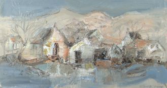 ELIZABETH HAINES oil on board / card - landscape, entitled verso 'Dwellings under a Mountain',