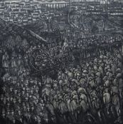 NICK EVANS large oil on board - expansive and powerful depiction of a mining community with