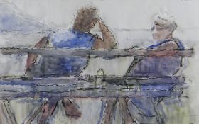GORDON STUART watercolour - two figures talking on a bench, signed and dated 2011, 25.5 x 38cms