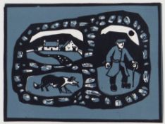 SIR KYFFIN WILLIAMS RA original linocut - entitled 'The Farmer, His Dog, and His Cottage', 22 x