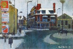 HYWEL HARRIES dry-mounting print - Chalybeate Street, Aberystwyth with Salvation Army Building and
