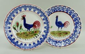 TWO CIRCULAR LLANELLY POTTERY COCKEREL PLATES, blue border and the cockerels blue with red tails,