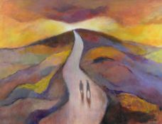JOHN ELWYN acrylic on paper - two figures walking on a road winding up a hill, entitled 'Returning