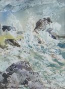GWILYM PRICHARD watercolour - crashing waves on rocks, entitled verso 'Rough Sea, La Mer Agitee',