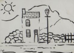 JACK JONES charcoal - small house and landscape, signed with initials, 1985, 20 x 28cms