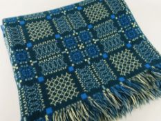 VINTAGE WELSH TAPESTRY BLANKET of geometric design, racing-green ground with yellow and blue detail,