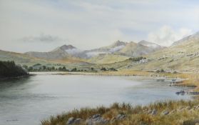 MAX A.S HAMBLEN watercolour - expansive scene of Llyn Mymbyr and the Snowdon horseshoe at Llanberis,
