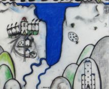 IWAN BALA mixed media on linen - graphic of coastal scene with lighthouse, terraced houses and