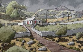 ALAN WILLIAMS oil on canvas - whitewashed cottage in mountainous landscape, entitled 'Hill