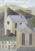 CLIO MANSEL BROAD watercolour - Welsh mining village with terrace of houses and mine workings and