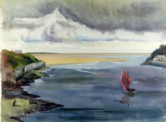 WILL ROBERTS early period watercolour - sail boat in harbour, entitled bottom right and verso on