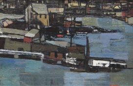 GLYN GRIFFITHS oil on wood panel - entitled verso on Koywood Gallery label 'Cornish Fishing Port',