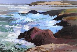 DONALD MCINTYRE acrylic - Ynys Mon coast, entitled verso 'Porth Cwyfan No.7', signed, 52 x 77cms