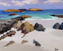 DONALD MCINTYRE acrylic - coastal scene, signed with initials and entitled label verso 'West