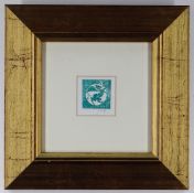 PAUL PETER PIECH miniature screenprint - motif of rampant dragon holding a banner with 'Cymru',