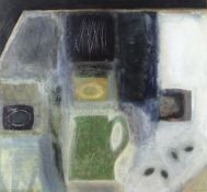 VIVIENNE WILLIAMS acrylic on paper - entitled verso 'Still Life with Green Jug and Plums', signed,