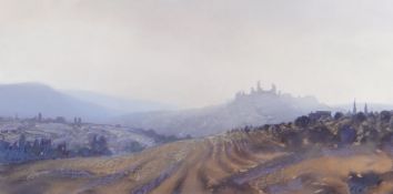 GARETH THOMAS mixed media - Italian landscape with buildings, entitled verso on Attic Gallery