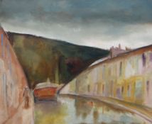 GEORGE CHAPMAN unfinished oil on canvas - south Wales valley street scene with figure, 51 x 61cms