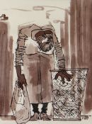KAREL LEK inkwash - hunched over standing female seemingly salvaging rubbish in a street, signed, 38