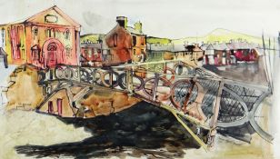 JOHN UZZELL EDWARDS early mixed media - South Wales valleys community with bridge and chapel, signed