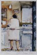 JOHN KNAPP-FISHER limited edition (357/500) print - figure in a cafe kitchen, signed, 22 x 17cms