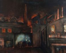 GERALDUS JOHN oil on linen laid to board - industrial scene, entitled verso 'East Moors Steelworks'