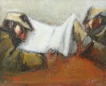 WILL ROBERTS oil on canvas - two opposing figures in flat-caps reading newspapers, entitled verso '