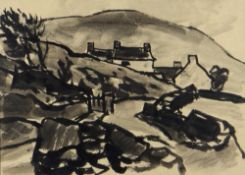 SIR KYFFIN WILLIAMS RA colourwash - entitled verso on Tegfryn Art Gallery label 'Farmhouse Above the