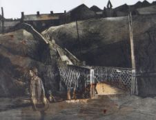 GEORGE CHAPMAN mixed media cut-out on to paper - south Wales valleys street scene with footbridge