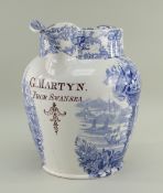 A BLUE & WHITE SWANSEA POTTERY DOCUMENTARY JUG IN THE ORIENTAL BASKET TRANSFER of baluster form,