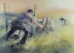 WILLIAM SELWYN artist proof colour print - farmer and dog gathering sheep, signed in full, 32 x