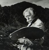 NICHOLAS SINCLAIR black and white photograph - Sir Kyffin Williams RA at work in overcoat with