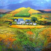 JOHN ELWYN large oil on canvas - expansive landscape with whitewashed buildings, entitled verso '