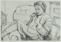 EDGAR HOLLOWAY etching - portrait, titled top right 'DMH Sewing at the Sychtre, 1943', signed in