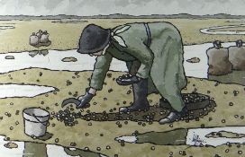 ALAN WILLIAMS acrylic on board - working figure on beach, entitled 'Cockle Picker', signed, 33 x
