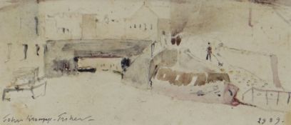 JOHN KNAPP-FISHER watercolour - canal scene with figure and dog, entitled verso on Albany Gallery