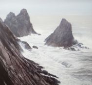 CERI AUCKLAND DAVIES egg tempera - west Wales coastline, entitled verso 'Carreg Wylan, Ceibwr