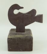 19TH CENTURY SLATE GOOSE FORM DOOR STOP on a square base, probably Dyffryn Ogwen, 23cms high