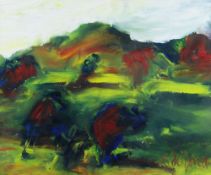MIKE JONES oil on card / board - Carmarthenshire landscape, entitled verso 'Landscape of Gwynfe',