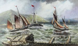 ALFRED WORTHINGTON oil on board - two fishing smacks at the entrance of Aberystwyth harbour in