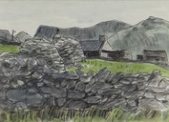 SIR KYFFIN WILLIAMS RA mixed media - upland cottage behind dry-stone walls, entitled verso on Albany
